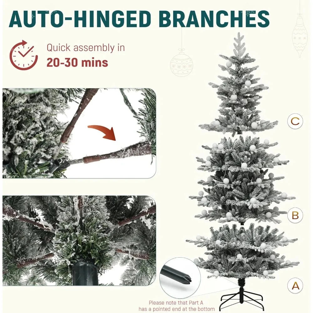 7.5ft Pre-lit Flocked Layered Christmas Tree With Remote, Hinged Flocked Christmas Tree W/ 1734 Pe & Pvc Mixed Tips Ohberri