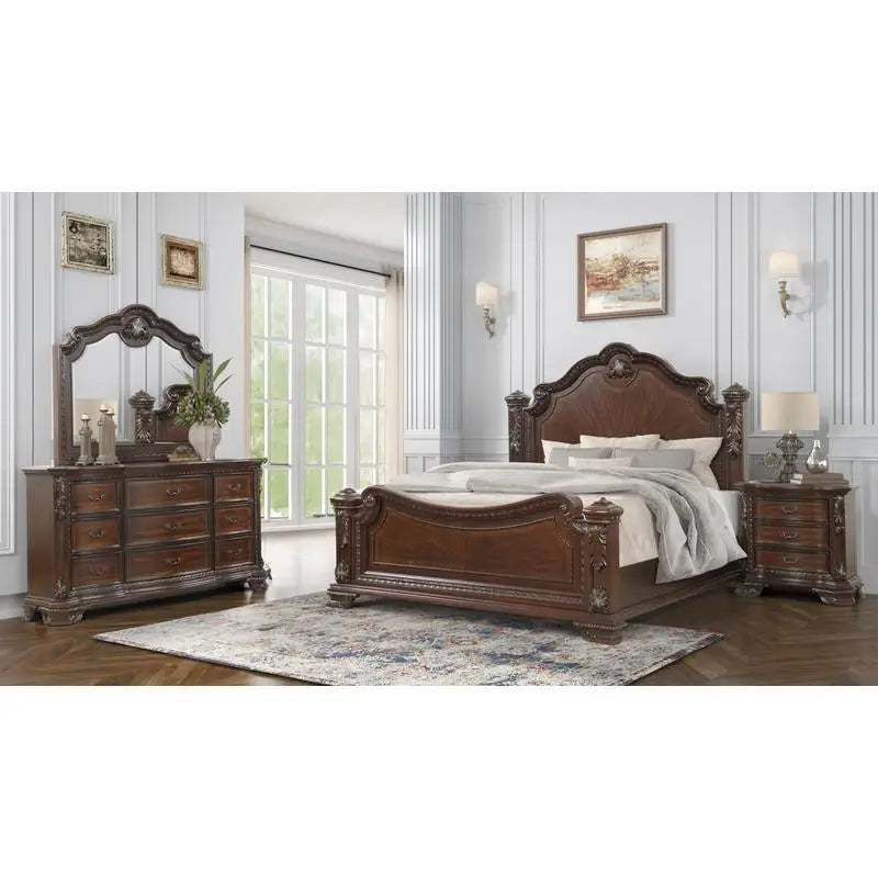 Traditional 4-Piece Queen Bedroom Set with Intricate Wood Carvings in Walnut Finish - Ohberri