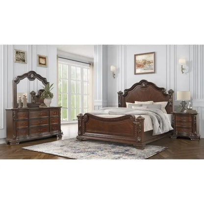 Traditional 4-Piece Queen Bedroom Set with Intricate Wood Carvings in Walnut Finish - Ohberri