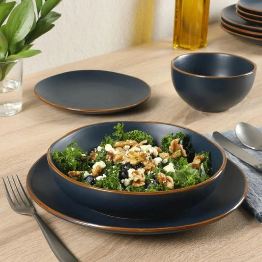 16-Piece Stoneware Ceramic Dinnerware Set with Navy Blue Plates and Bowls Ohberri