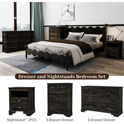 Farmhouse 3 Pieces Bedroom Furniture Set, Rustic Wood 6 Drawer Dresser and Nightstands - Ohberri