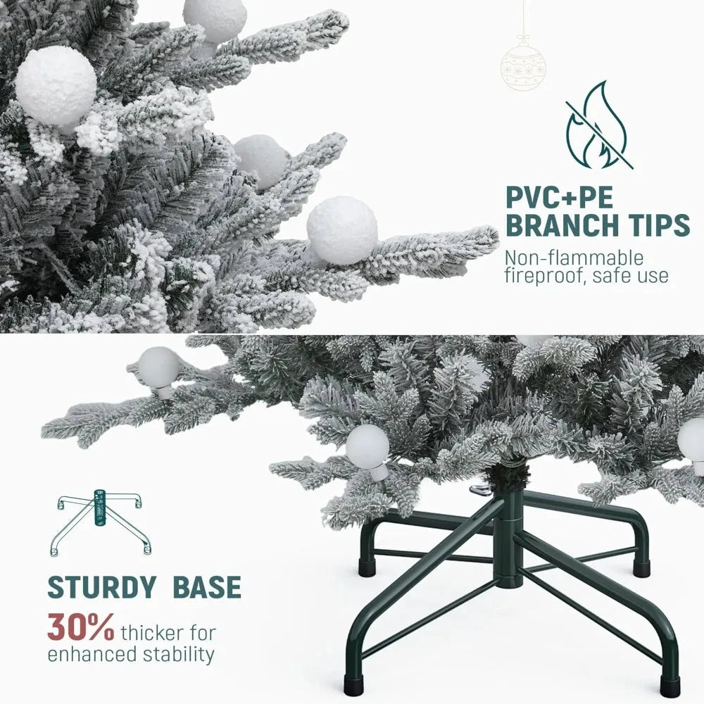 7.5ft Pre-lit Flocked Layered Christmas Tree With Remote, Hinged Flocked Christmas Tree W/ 1734 Pe & Pvc Mixed Tips Ohberri