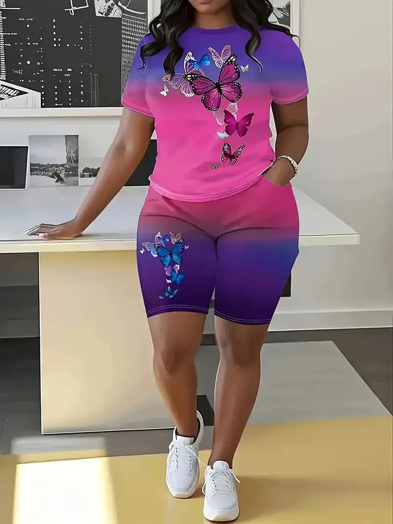Women's Gradient Color Suit Butterfly Pattern Round Neck Short Sleeve Ohberri