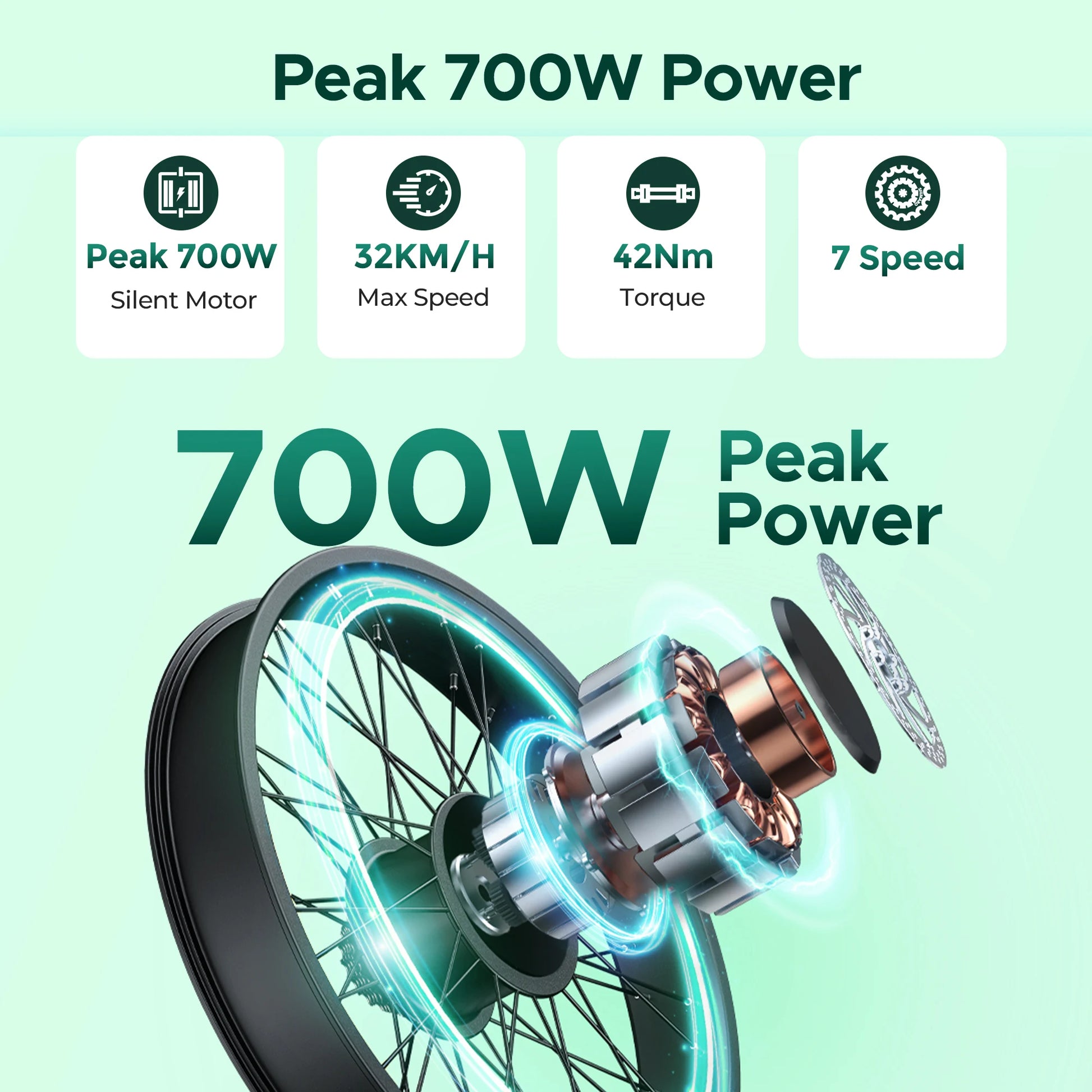 26'' Commuter Electric Bicycle 700W Peak Motor 7 Speed Electric Bike, Green - Ohberri