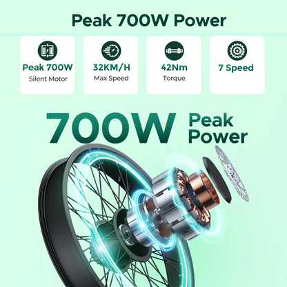 26'' Commuter Electric Bicycle 700W Peak Motor 7 Speed Electric Bike, Green - Ohberri