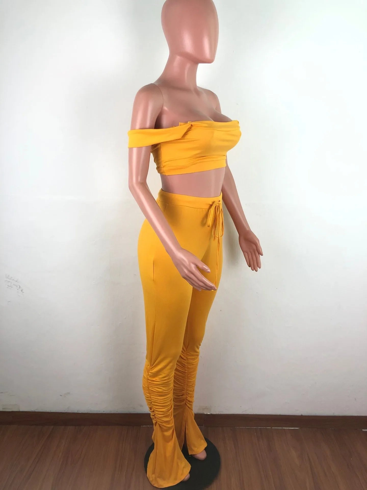 2 Piece Set Skinny Elastic Strapless Tops and Fold Slit Thin Pants Ohberri