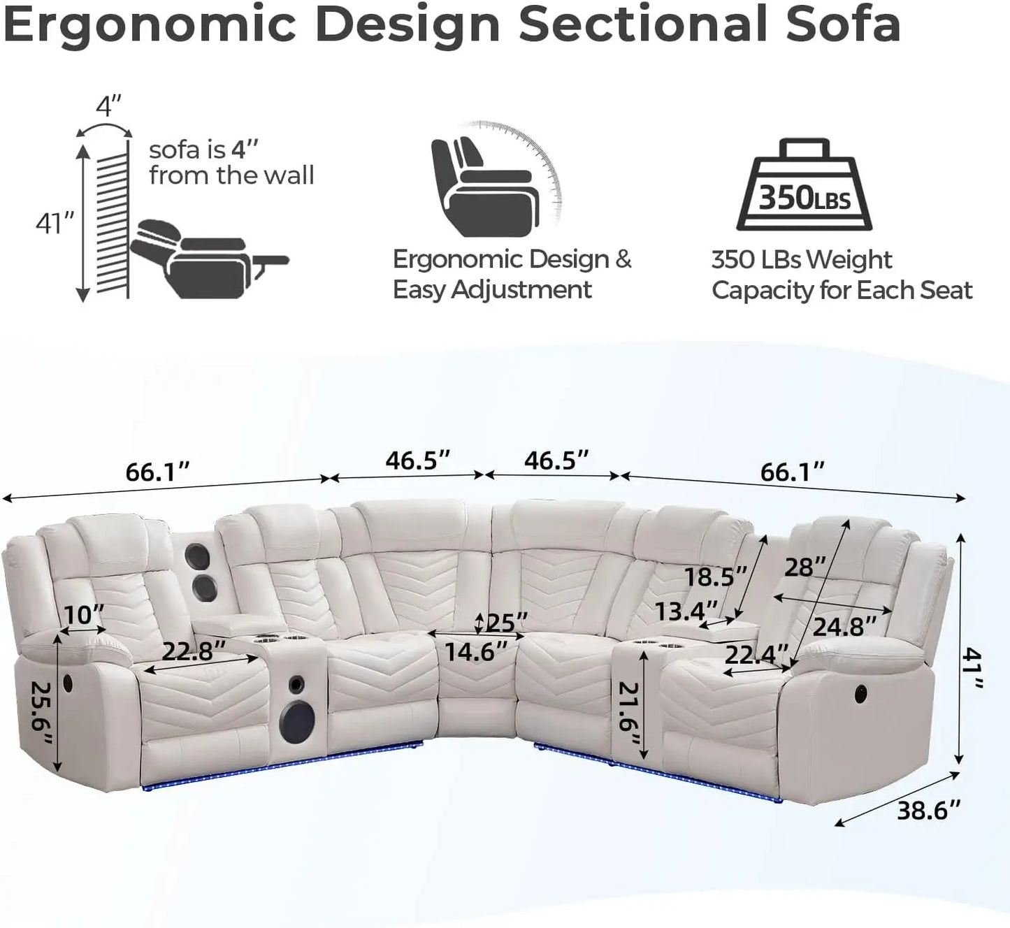 Electric Power Recliner Sectional Sofa With Bass Speakers & LED Lights – Faux Leather L-Shaped Sectional - Ohberri