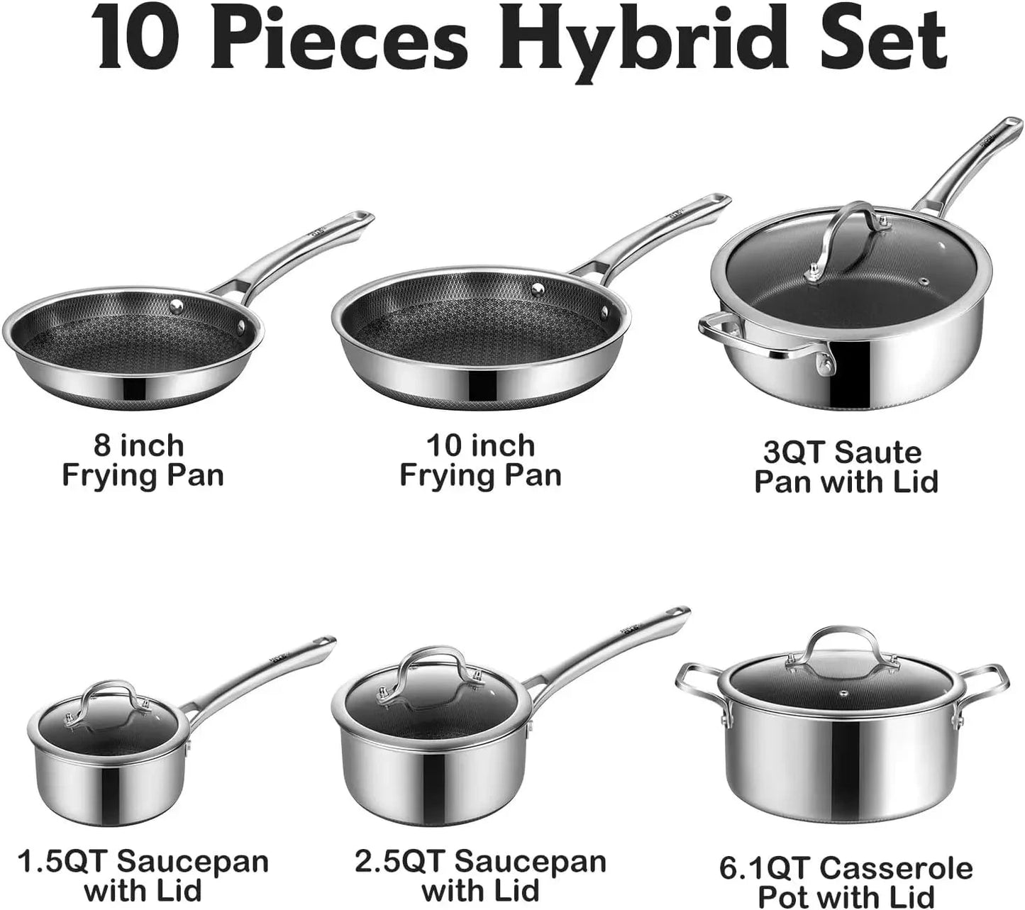 Non Stick, 10 Pcs Hybrid Stainless Steel Cookware Set Ohberri