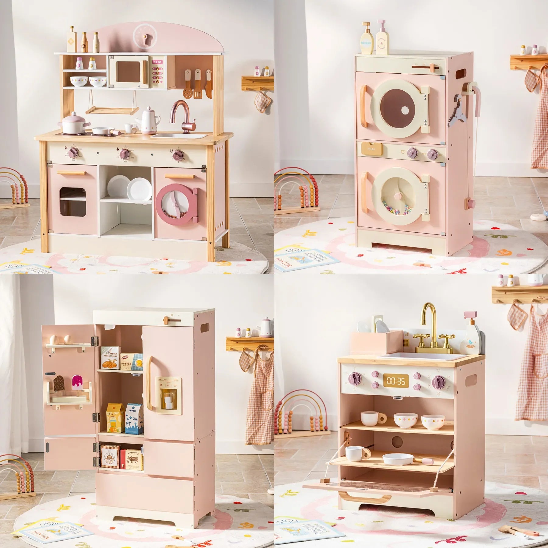 Kitchen Play set with Realistic Sound Pretend Play Gift for Boys Girls Pink - Ohberri
