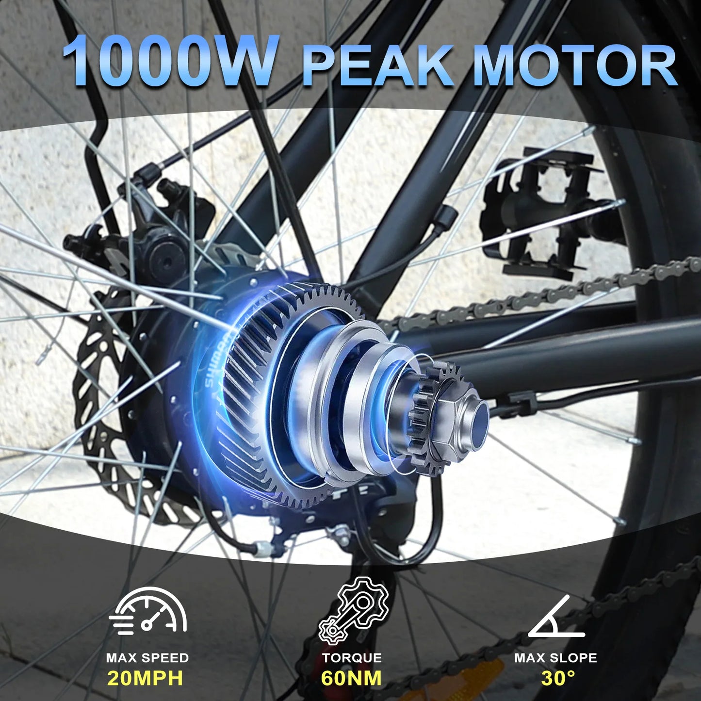 1000W Motor Peak 48V Electric Bike 26 inch Electric Mountain Bike 50Miles Range 20MPH - Ohberri