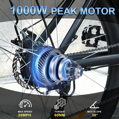 1000W Motor Peak 48V Electric Bike 26 inch Electric Mountain Bike 50Miles Range 20MPH - Ohberri