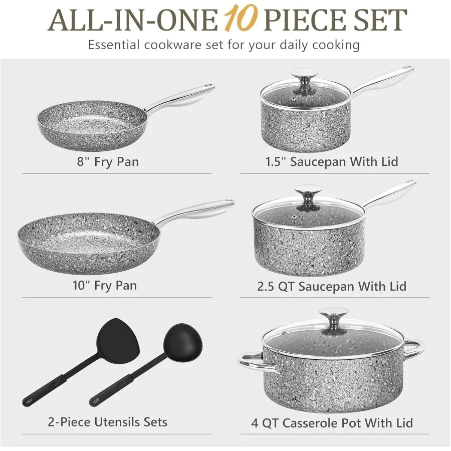 Pots and Pans Set 10 Piece Cookware Set with Granite Coatings for Super Nonstick Ohberri