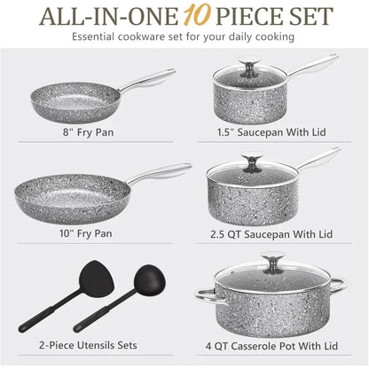 Pots and Pans Set 10 Piece Cookware Set with Granite Coatings for Super Nonstick Ohberri