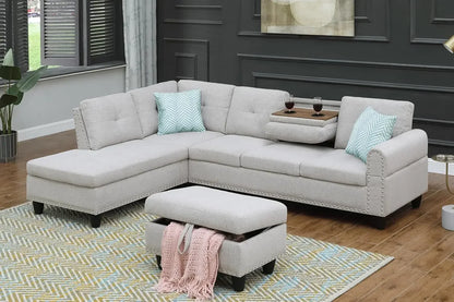 Sectional Sofa Couch, Modern 4-Seaters Living Room Furniture Sets with Chaise Lounge, Ottoman & 2 Pillows | L Shape Couch - Ohberri