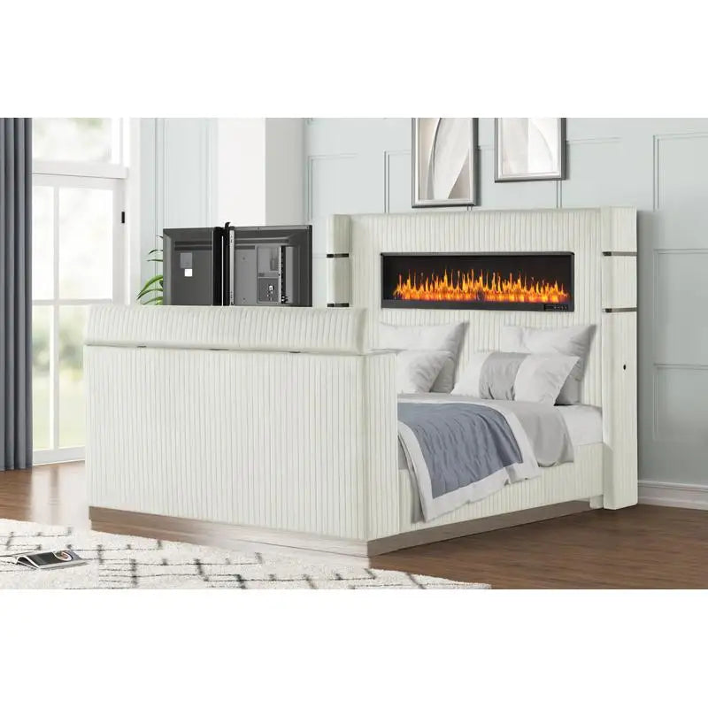 5 Pc Queen Bedroom Set with Fireplace Headboard & Footboard, Beige Wood Finish - Ohberri