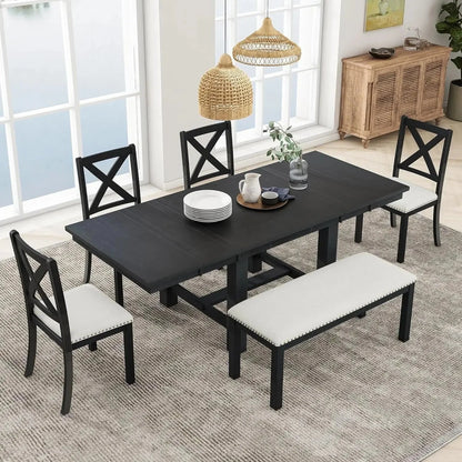 6 Pieces Dining Table Set with Bench, Rectangle Dining Table with 4 Upholstered Chairs & a Bench, Wood Ohberri