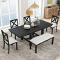 6 Pieces Dining Table Set with Bench, Rectangle Dining Table with 4 Upholstered Chairs & a Bench, Wood Ohberri