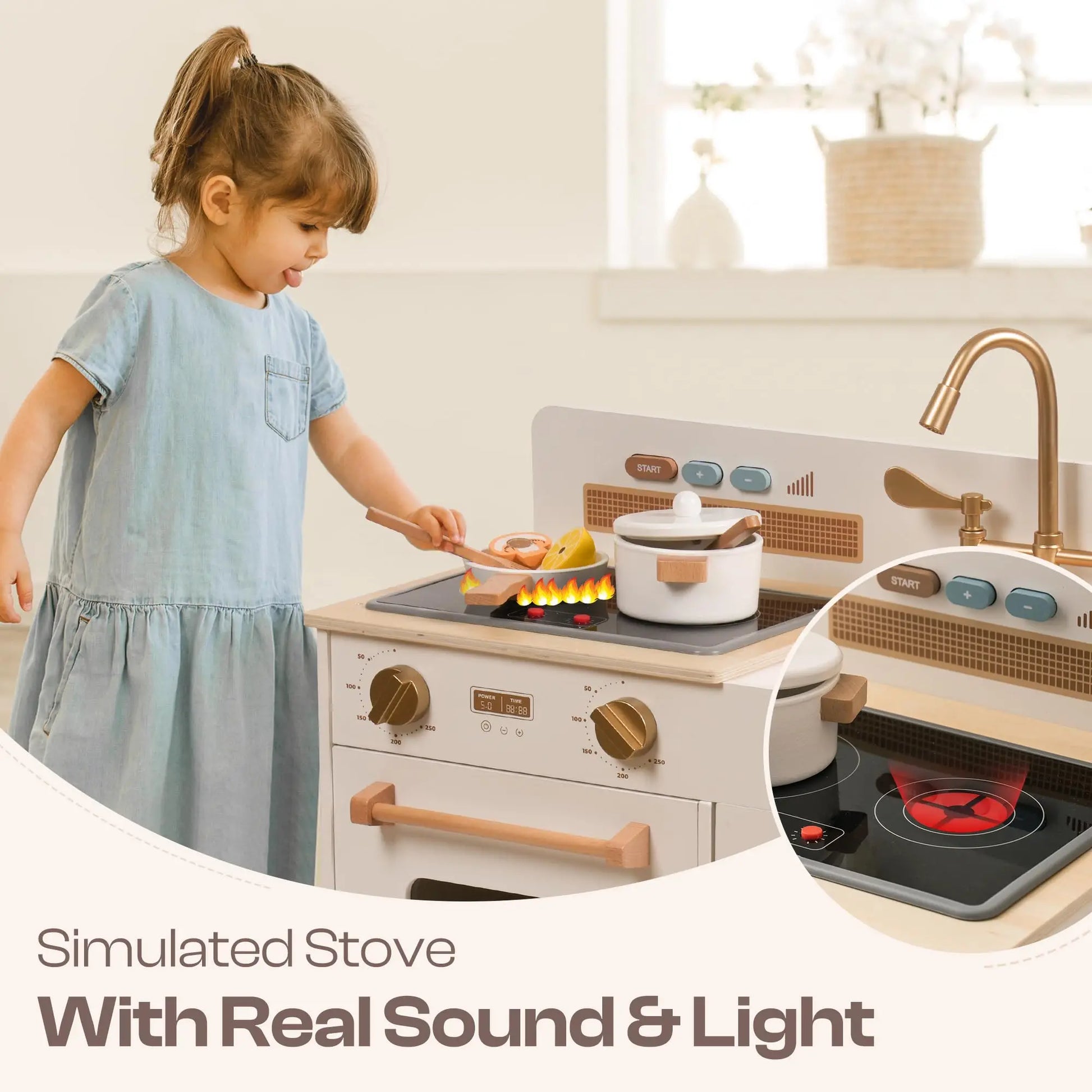 Wooden Play Kitchen with Real Lights Sounds Ice Cube Dispenser -White - Ohberri