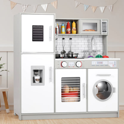 Wooden Kitchen Pretend Play Set with Simulated Light and Sound Effects, Food,Cookware - Ohberri