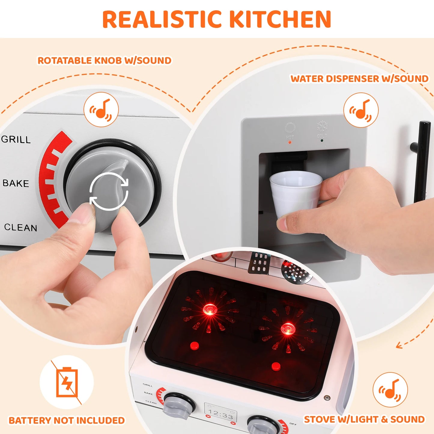 Wooden Kitchen Pretend Play Set with Simulated Light and Sound Effects, Food,Cookware - Ohberri