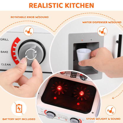 Wooden Kitchen Pretend Play Set with Simulated Light and Sound Effects, Food,Cookware - Ohberri