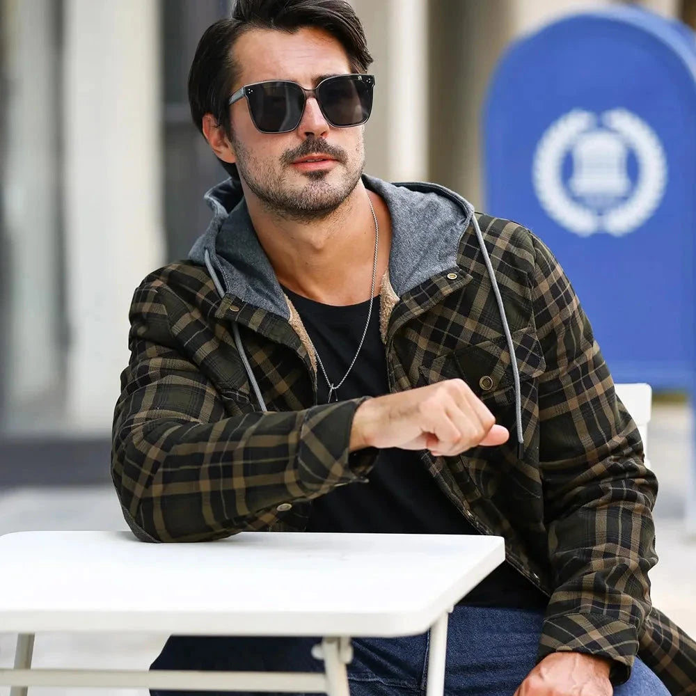 Men's Jackets Winter Hooded Warm Coat Casual Thicken Plaid Ohberri