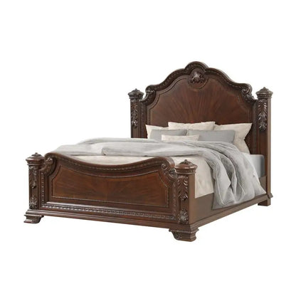 Traditional 4-Piece Queen Bedroom Set with Intricate Wood Carvings in Walnut Finish - Ohberri