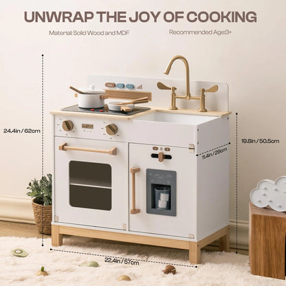 Wooden Play Kitchen with Real Lights Sounds Ice Cube Dispenser -White - Ohberri