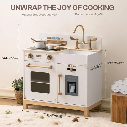 Wooden Play Kitchen with Real Lights Sounds Ice Cube Dispenser -White - Ohberri