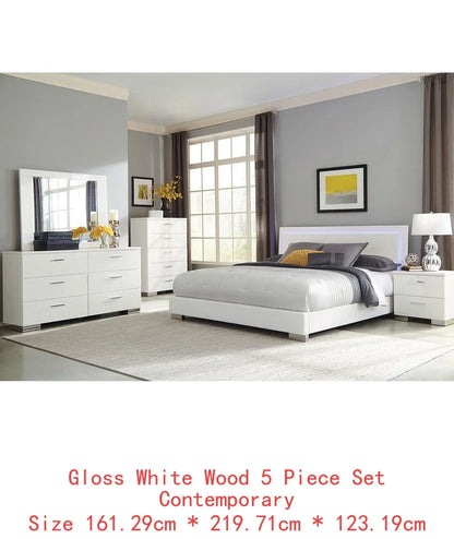 5-Piece High Gloss White Full Bedroom Set - Modern Design with Storage - Ohberri