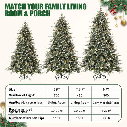 6Ft/7.5Ft/9Ft Pre-Lit Snow Flocked Christmas Tree 8-Modes LED Lights Prelit Artificial Tree With Fake Pine Cones Ohberri