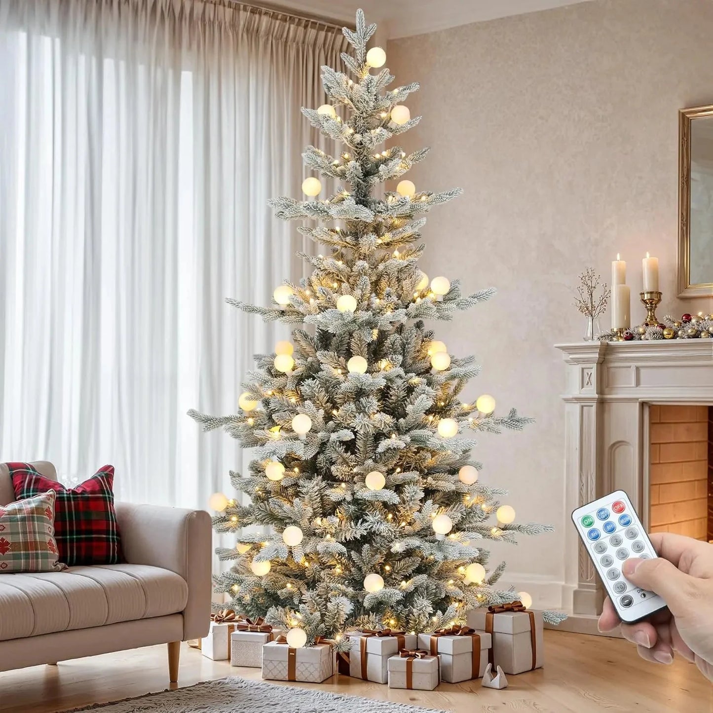 7.5ft Pre-lit Flocked Layered Christmas Tree With Remote, Hinged Flocked Christmas Tree W/ 1734 Pe & Pvc Mixed Tips Ohberri