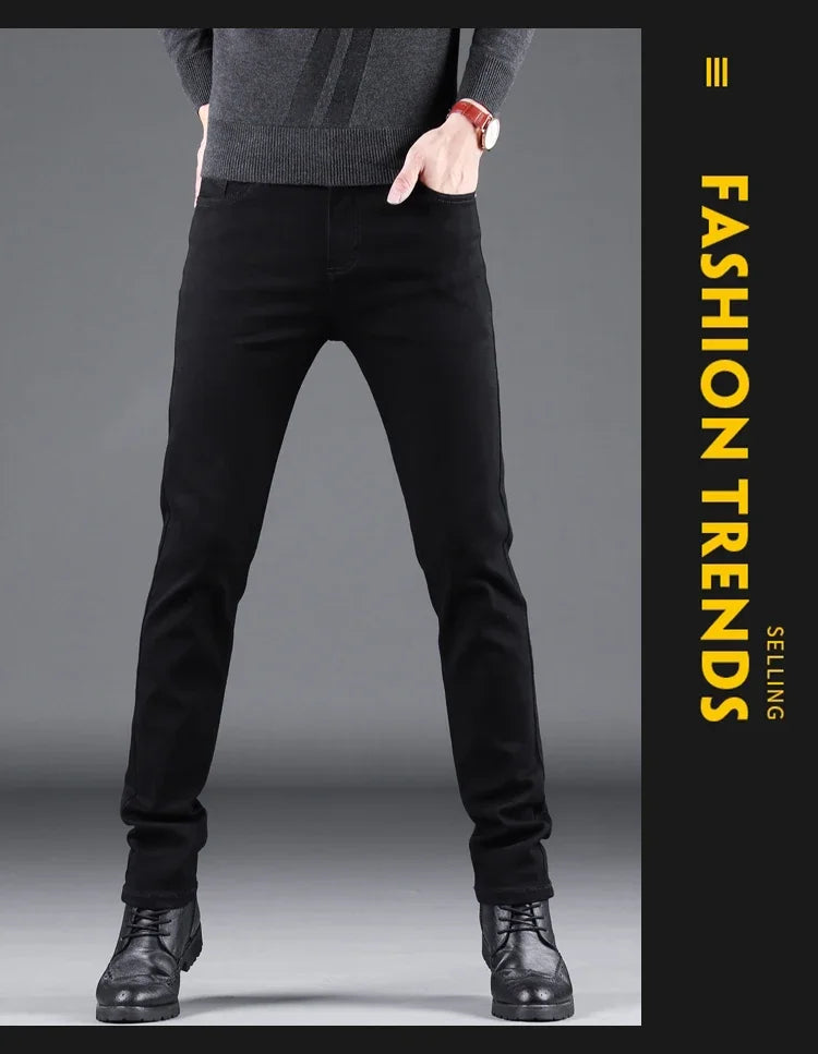 Pure Black Slim Jeans Elastic Straight Pants Ohberri