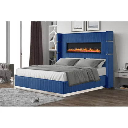 Modern Upholstery King 4-Piece Bedroom Set with Bed, Nightstand, Dresser, Mirror, and Fireplace in Blue Wood - Ohberri