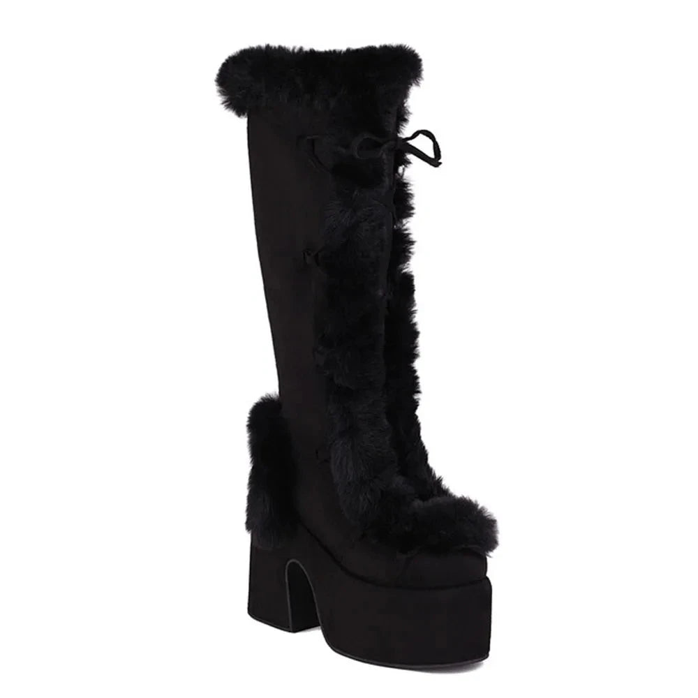 Faux Suede Round Toe Side Zipper Lace-Up Warm Boots Ohberri
