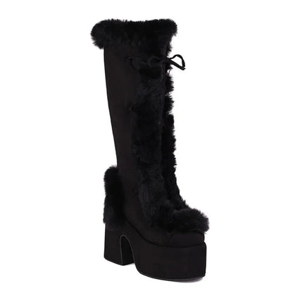 Faux Suede Round Toe Side Zipper Lace-Up Warm Boots Ohberri
