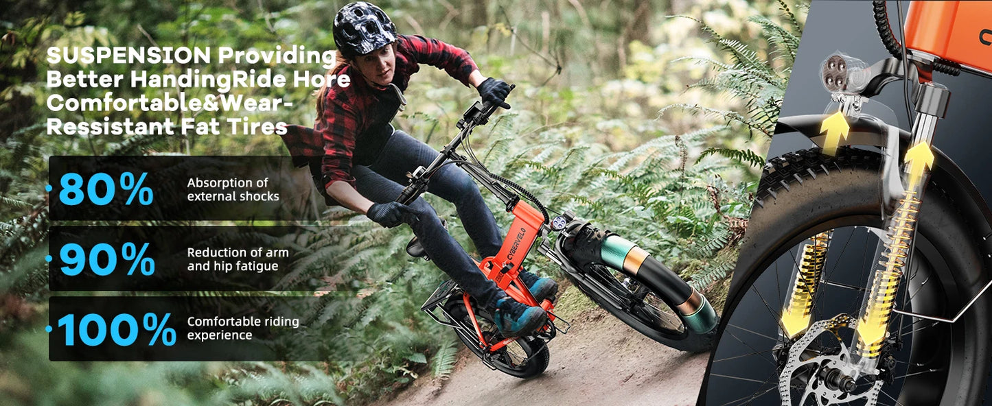 1000W Folding Electric Bike, 48V 20AH 30+MPH, 80 Miles Max Range, 20" Tire - Ohberri