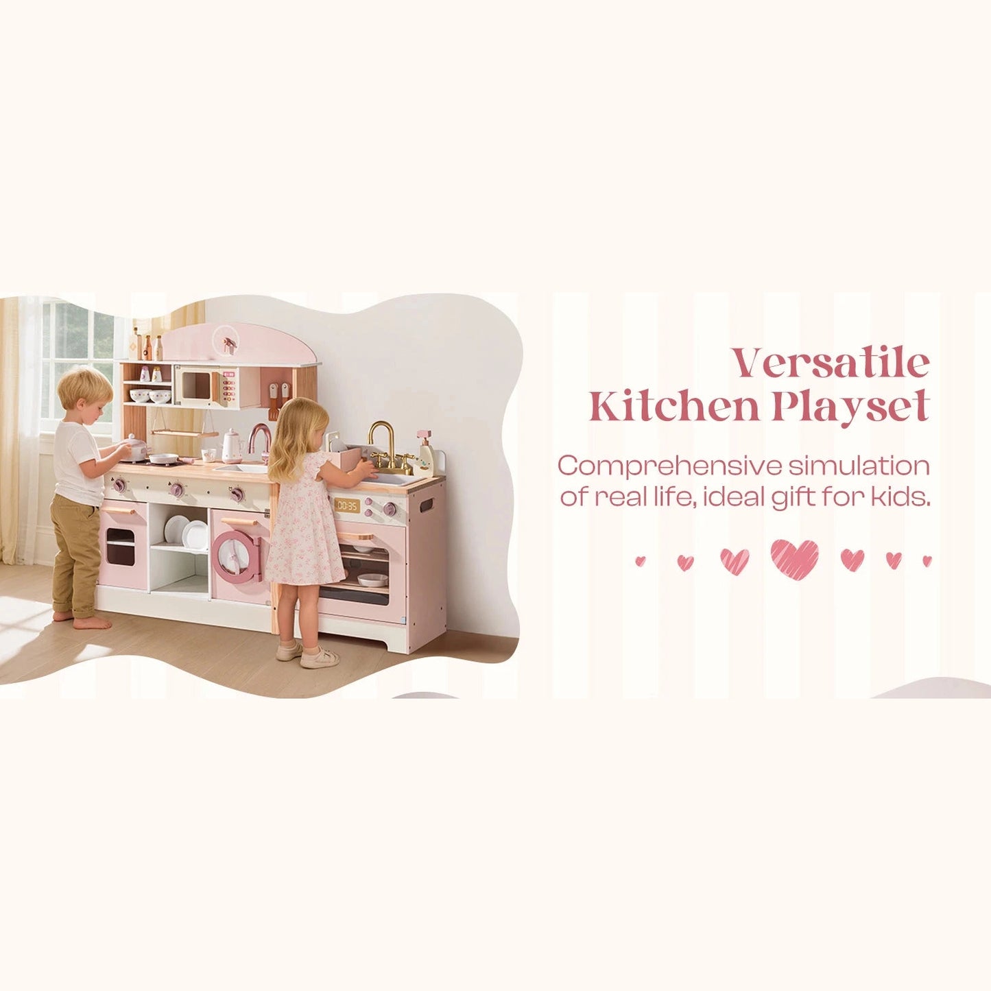 Kitchen Play set with Realistic Sound Pretend Play Gift for Boys Girls Pink - Ohberri