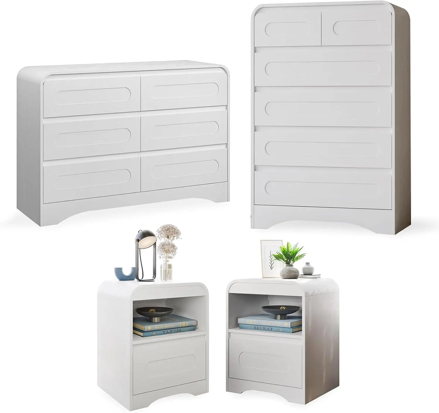 4 Pcs Bedroom Set, Dresser and Nightstand Sets, Including Modern Wooden Tall 6 Drawer Dressers - Ohberri