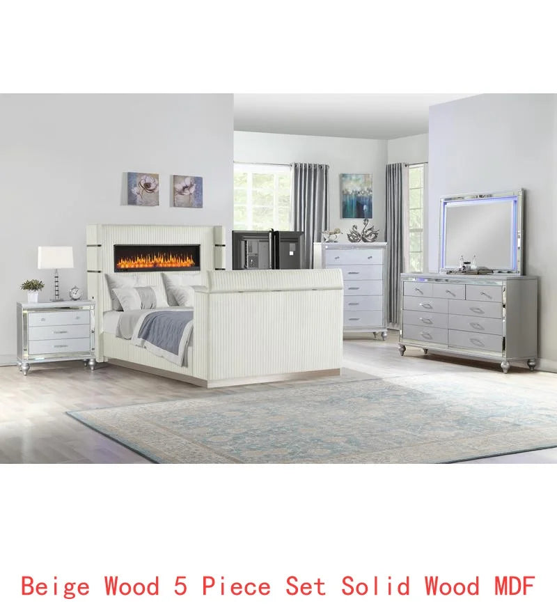 5 Pc Queen Bedroom Set with Fireplace Headboard & Footboard, Beige Wood Finish - Ohberri
