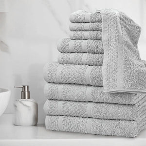 10 Piece Cotton Towel Set Soft Absorbent Bath Towels Durable Washcloths Hand Towels Popcorn Textured Border - Ohberri