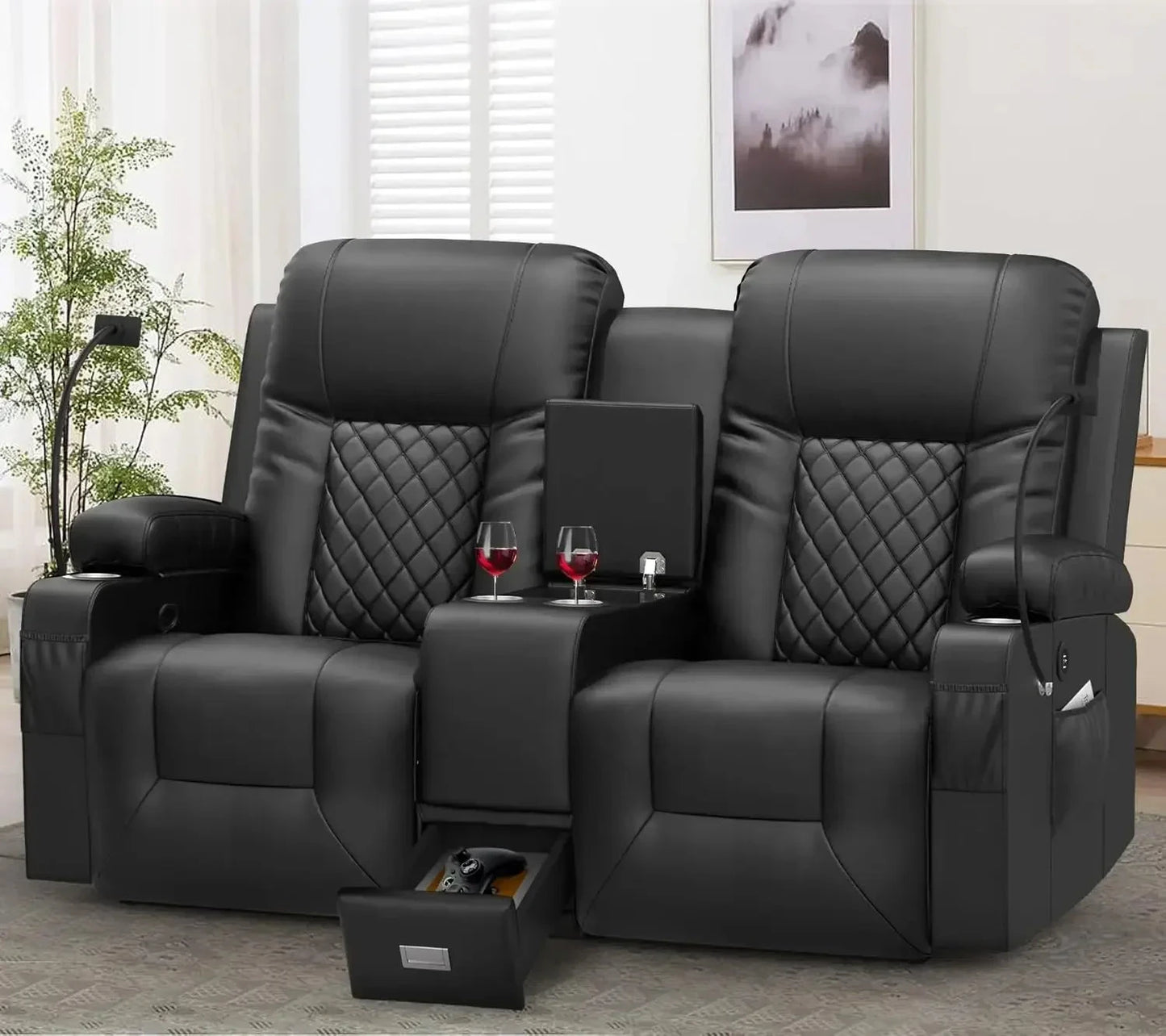 Loveseat Recliner with Storage Console & USB Ports, 2 Cell Phone Holders Ohberri