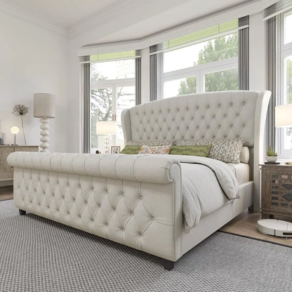 King Size Upholstered Sleigh Bed Craftsmanship Button Tufted Wingback Headboard - Ohberri