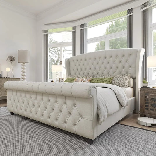 King Size Upholstered Sleigh Bed Craftsmanship Button Tufted Wingback Headboard - Ohberri