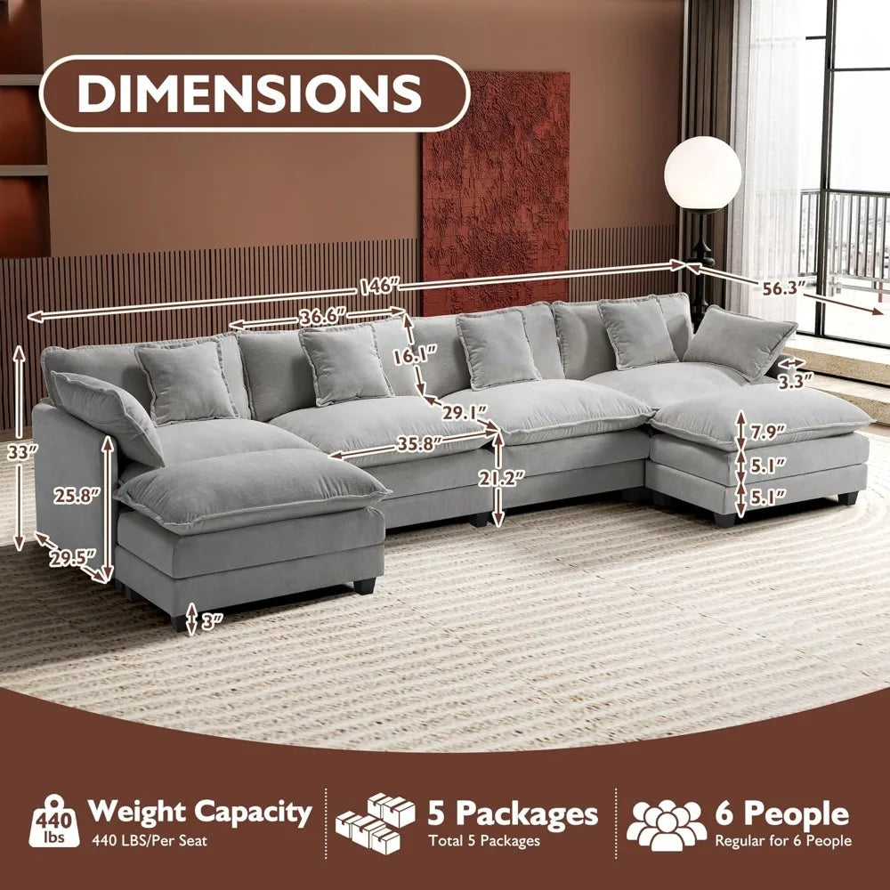U-Shaped Modern Sofa Modular Sectional Cloud Couch with 2 Ottoman with 6 Pillows Ohberri