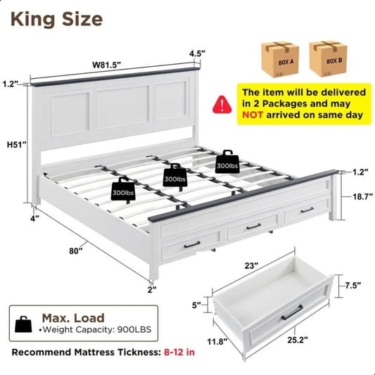 Farmhouse King Size Bed Frame with 52" Tall Full-Panel Headboard, Wood Platform Storage Drawers - Ohberri