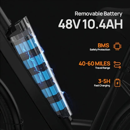 Peak 750W E26 Electric Bike 26x2" Commuter Tires 48V 10.4Ah 20MPH Speed 7-Speeds LCD Display - Ohberri