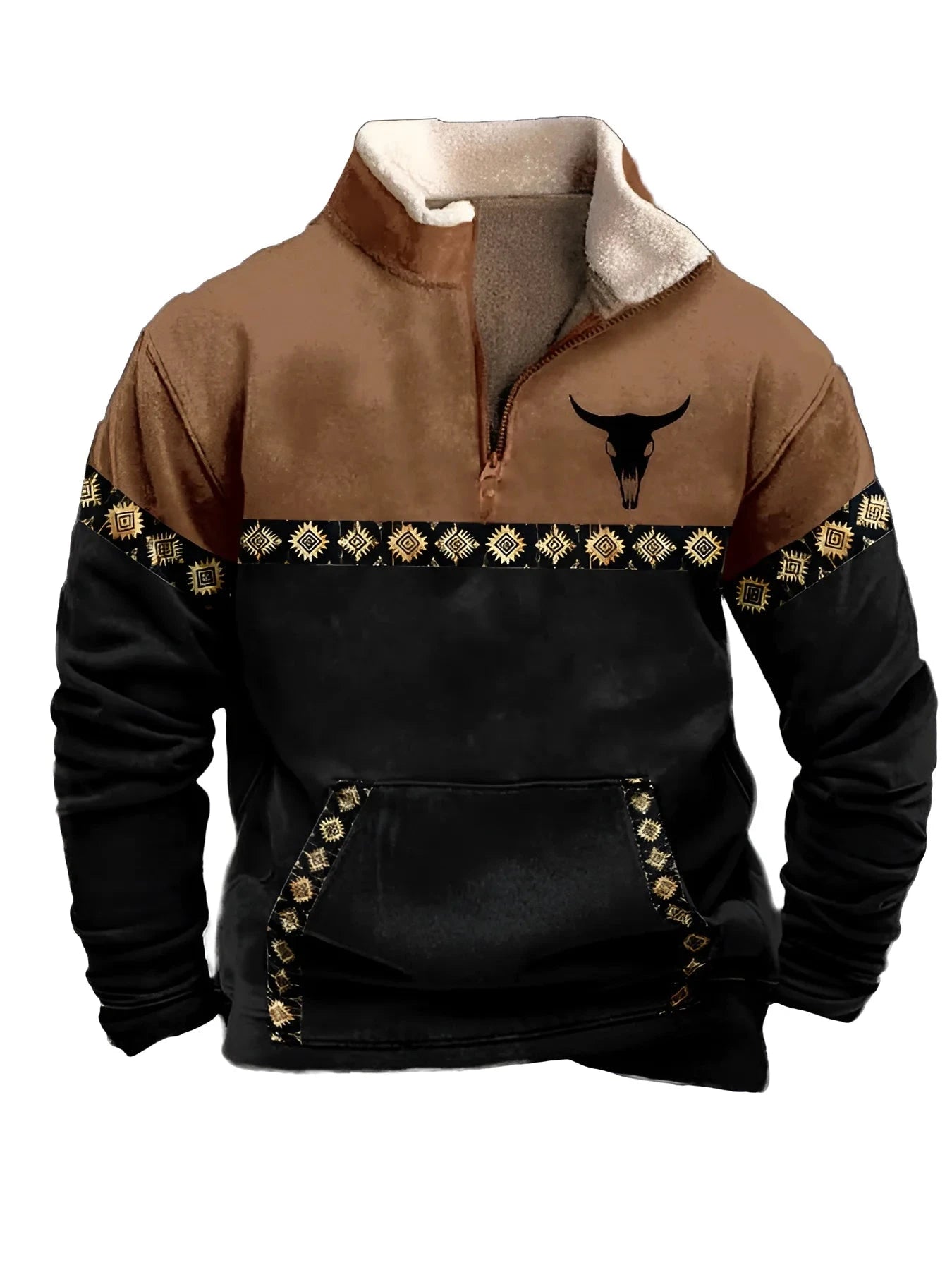 Vintage Western Hoodie with Aztec Cowboy Design - Beige Ohberri