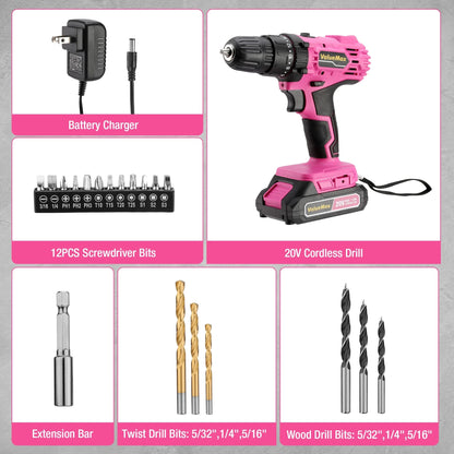 20V 3/8" Pink Cordless Drill Set  18+1 Torque Settings, Power Drill Set with LED Light and Magnetic Holder Ohberri
