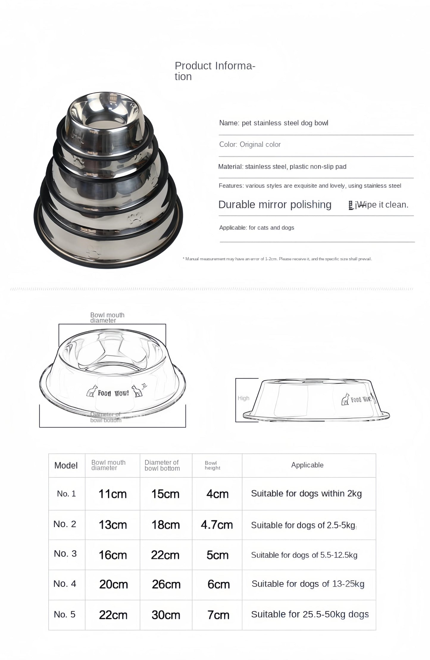 Pet Dog Cat Stainless Steel Bowl Pet Feeding Bowl Cat and Dog Drinking Bowl Metal Feeder Bowl Durable Easy To Clean 6 Sizes Ohberri
